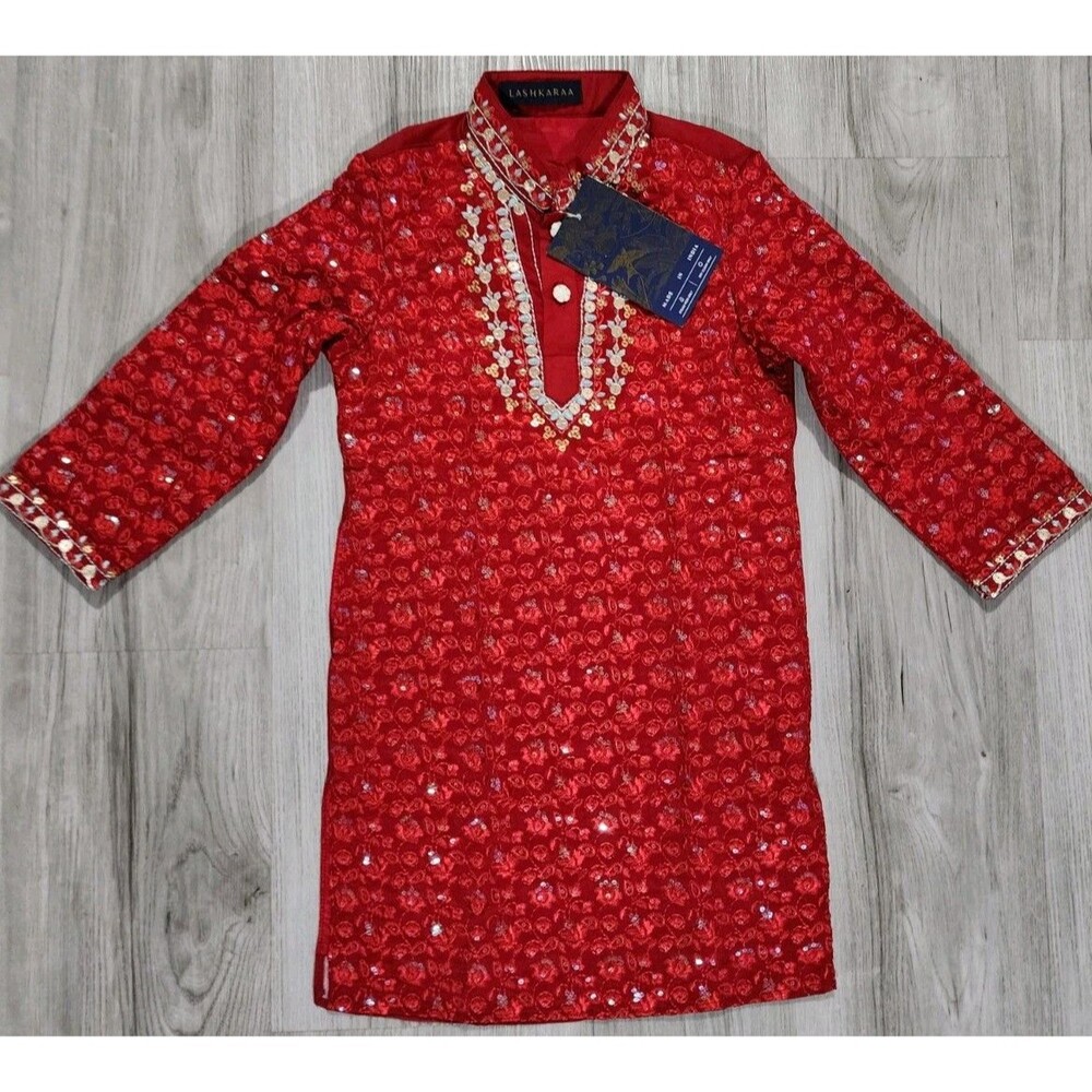 New Lashkaraa Kurta Kids Youth Size 6y Red Sequin Embroidered Tunic Top Only Boy